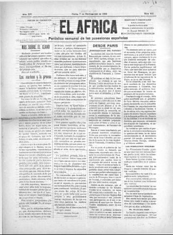 'El África  : Periódico semanal de las Posesiones Españolas' - Año XV Número 821 - 1901 septiembre 7
