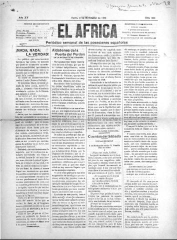 'El África  : Periódico semanal de las Posesiones Españolas' - Año XV Número 828 - 1901 noviembre 2