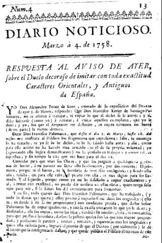 'Diario noticioso, curioso, erudito y comercial público y económico' - Número 4 - 1758 marzo 4