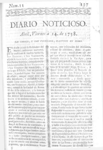 'Diario noticioso, curioso, erudito y comercial público y económico' - Número 11 - 1758 abril 14