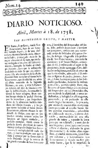 'Diario noticioso, curioso, erudito y comercial público y económico' - Número 14 - 1758 abril 18