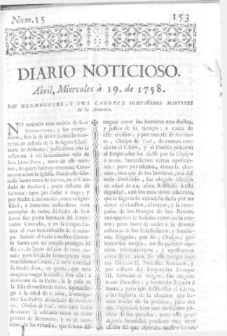 'Diario noticioso, curioso, erudito y comercial público y económico' - Número 15 - 1758 abril 19