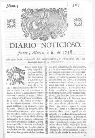 'Diario noticioso, curioso, erudito y comercial público y económico' - Número 5 - 1758 junio 6