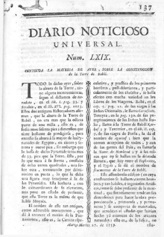 'Diario noticioso, curioso, erudito y comercial público y económico' - Número 69 - 1759 marzo 27