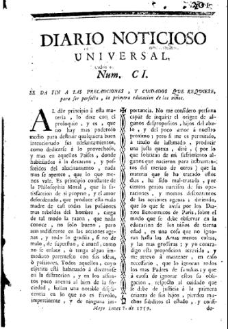 'Diario noticioso, curioso, erudito y comercial público y económico' - Número 101 - 1759 mayo 7