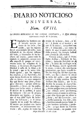 'Diario noticioso, curioso, erudito y comercial público y económico' - Número 108 - 1759 mayo 16