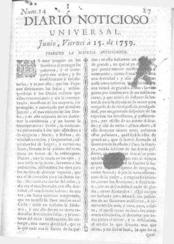 'Diario noticioso, curioso, erudito y comercial público y económico' - Número 14 - 1759 junio 15