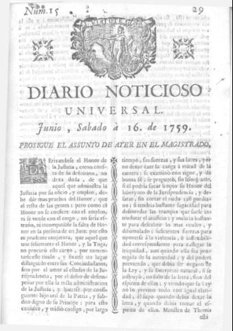 'Diario noticioso, curioso, erudito y comercial público y económico' - Número 15 - 1759 junio 16