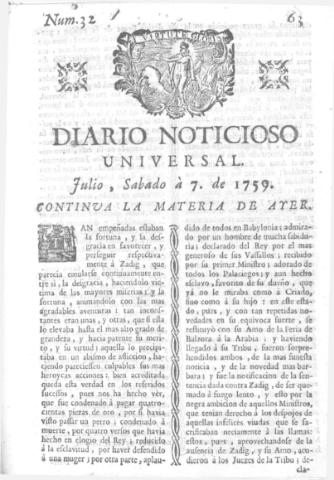 'Diario noticioso, curioso, erudito y comercial público y económico' - Número 32 - 1759 julio 7