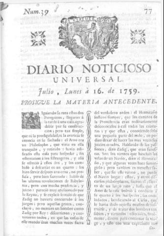 'Diario noticioso, curioso, erudito y comercial público y económico' - Número 39 - 1759 julio 16