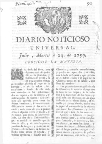 'Diario noticioso, curioso, erudito y comercial público y económico' - Número 46 - 1759 julio 24
