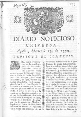 'Diario noticioso, curioso, erudito y comercial público y económico' - Número 63 - 1759 agosto 14