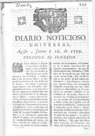 'Diario noticioso, curioso, erudito y comercial público y económico' - Número 64 - 1759 agosto 16