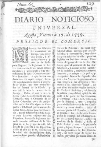 'Diario noticioso, curioso, erudito y comercial público y económico' - Número 65 - 1759 agosto 17