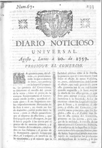 'Diario noticioso, curioso, erudito y comercial público y económico' - Número 67 - 1759 agosto 20