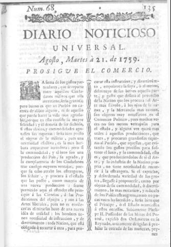 'Diario noticioso, curioso, erudito y comercial público y económico' - Número 68 - 1759 agosto 21