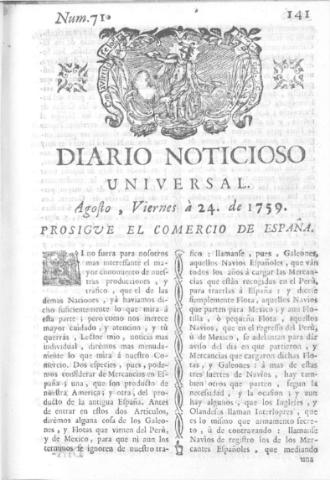 'Diario noticioso, curioso, erudito y comercial público y económico' - Número 71 - 1759 agosto 24