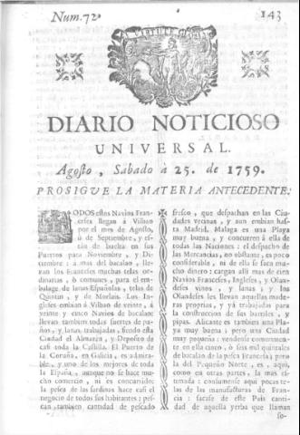 'Diario noticioso, curioso, erudito y comercial público y económico' - Número 72 - 1759 agosto 25