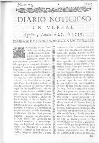 'Diario noticioso, curioso, erudito y comercial público y económico' - Número 73 - 1759 agosto 27