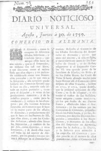 'Diario noticioso, curioso, erudito y comercial público y económico' - Número 76 - 1759 agosto 30