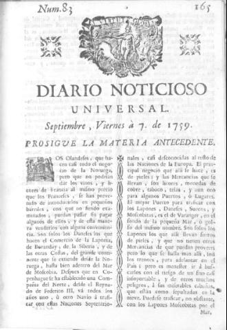 'Diario noticioso, curioso, erudito y comercial público y económico' - Número 83 - 1759 septiembre 7