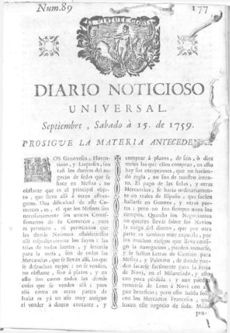 'Diario noticioso, curioso, erudito y comercial público y económico' - Número 89 - 1759 septiembre 15