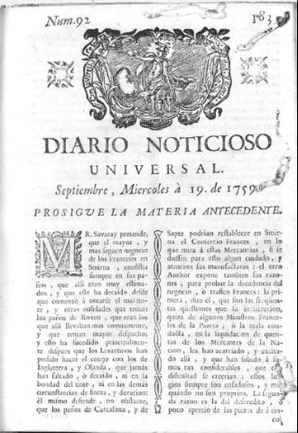 'Diario noticioso, curioso, erudito y comercial público y económico' - Número 92 - 1759 septiembre 19