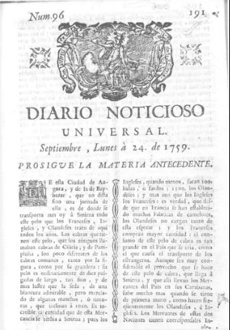 'Diario noticioso, curioso, erudito y comercial público y económico' - Número 96 - 1759 septiembre 24