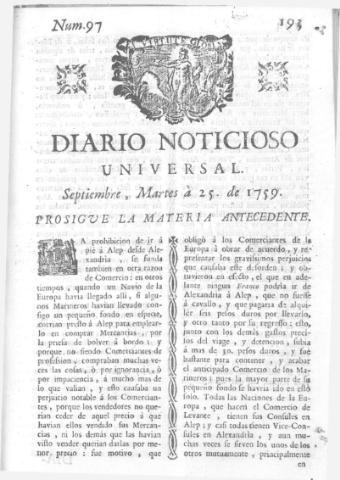 'Diario noticioso, curioso, erudito y comercial público y económico' - Número 97 - 1759 septiembre 25