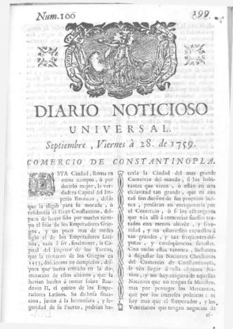 'Diario noticioso, curioso, erudito y comercial público y económico' - Número 100 - 1759 septiembre 28