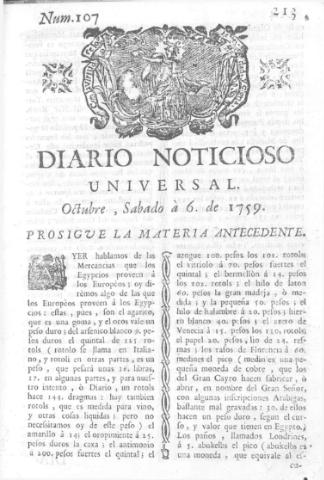 'Diario noticioso, curioso, erudito y comercial público y económico' - Número 107 - 1759 octubre 6