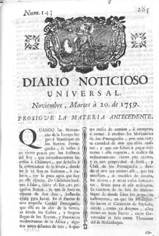 'Diario noticioso, curioso, erudito y comercial público y económico' - Número 143 - 1759 noviembre 20