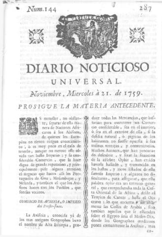 'Diario noticioso, curioso, erudito y comercial público y económico' - Número 144 - 1759 noviembre 21
