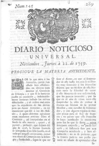 'Diario noticioso, curioso, erudito y comercial público y económico' - Número 145 - 1759 noviembre 22