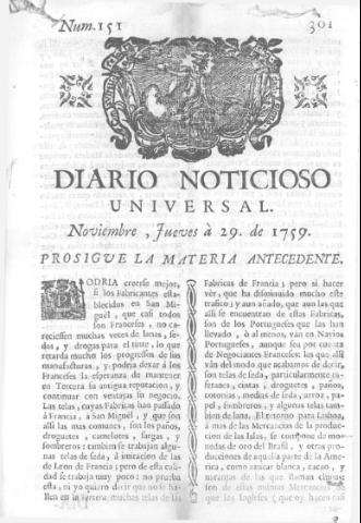 'Diario noticioso, curioso, erudito y comercial público y económico' - Número 151 - 1759 noviembre 29
