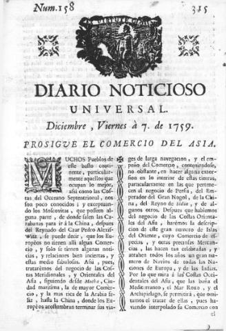 'Diario noticioso, curioso, erudito y comercial público y económico' - Número 158 - 1759 diciembre 7
