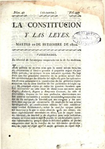 'La Constitución y las leyes' - Número 40 - 1822 septiembre 10