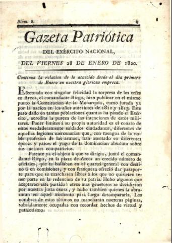 'Gazeta Patriótica del exército nacional' - Número 2 - 1820 enero 28