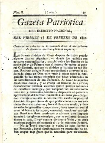'Gazeta Patriótica del exército nacional' - Número 8 - 1820 febrero 18