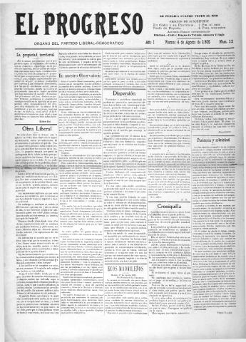 'El Progreso' - Año 1 Número 13 - 1905 agosto 4