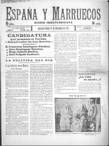 'España y Marruecos  : diario independiente' - Año 1 Número 102 - 1917 noviembre 11