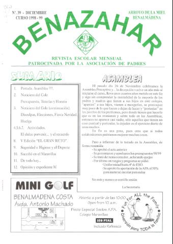 'Benazahar  : revista escolar patrocinada por el AMPA del Colegio Maravillas / Colegio Maravillas' - Número 39 - 1998 diciembre 1