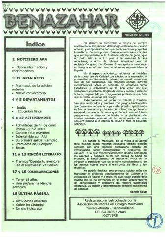 'Benazahar  : revista escolar patrocinada por el AMPA del Colegio Maravillas / Colegio Maravillas' - Número 61 - 2003 octubre 1