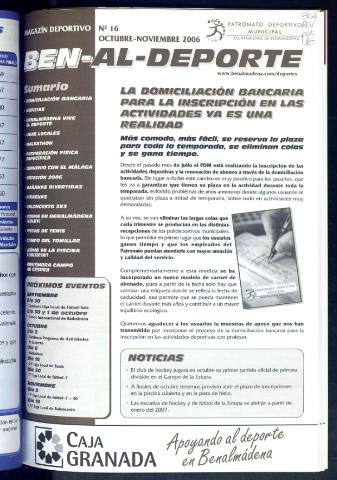 'BEN-AL-DEPORTE  : magazín deportivo / Patronato Deportivo Municipal' - Número 16 - 2006 octubre 1