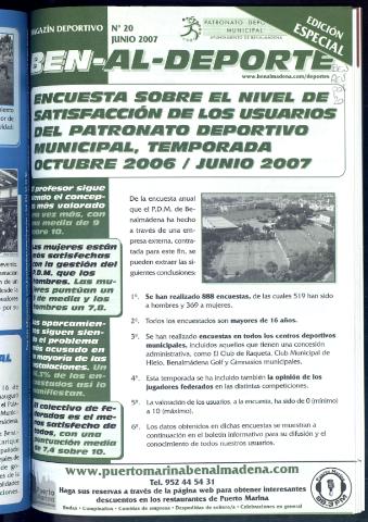'BEN-AL-DEPORTE  : magazín deportivo / Patronato Deportivo Municipal' - Número 20 - 2007 junio 1