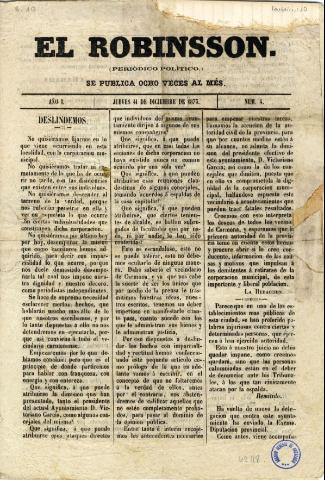 'El Robinsson :  (periódico político).' - Año I Número 4 - 1873 diciembre 11