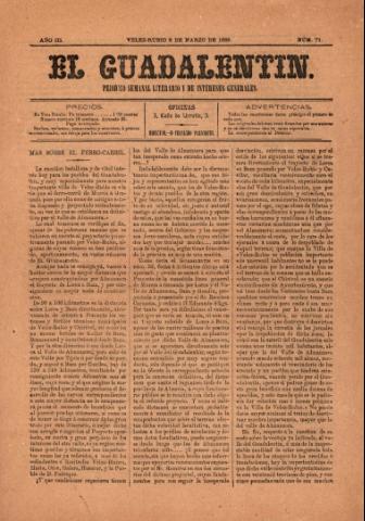 'El Guadalentin : Periódico Semanal Literario y de Intereses Generales' - Año 3 Número 71 - 1885 marzo 08