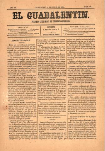 'El Guadalentin : Periódico Semanal Literario y de Intereses Generales' - Año 3 Número 85 - 1885 junio 21