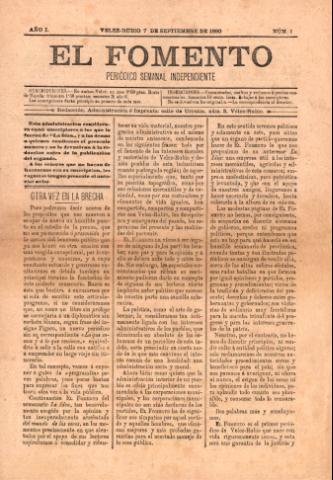 'El fomento : Semanario Independiente, continuación del anterior.' - Año 1 Número 1 - 1890 septiembre 07