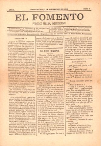 'El fomento : Semanario Independiente, continuación del anterior.' - Año 1 Número 3 - 1890 septiembre 21